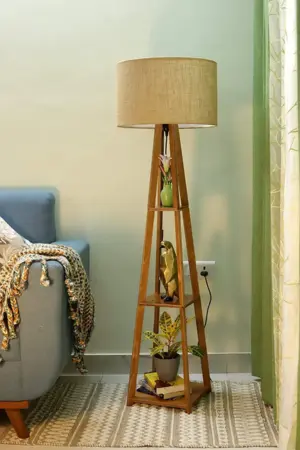 Wooden Floor Lamp with Shelf (Natural Jute). LED Bulb Included