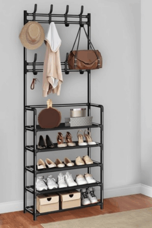 Coat Rack with Storage Shelf 4 Layers | Shoe Rack Bedroom Entryway Freestanding Garment Clothes Organizer Rack with Hat Hanger